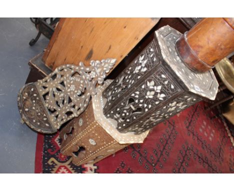 TWO MOORISH OCTAGONAL SMALL TABLES AND A SIMILAR WALL SHELF