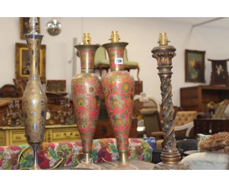 THREE EASTERN BRASS TABLE LAMPS AND A PAIR OF CARVED PANELS, TWO MARBLE LAMP BASES ETC