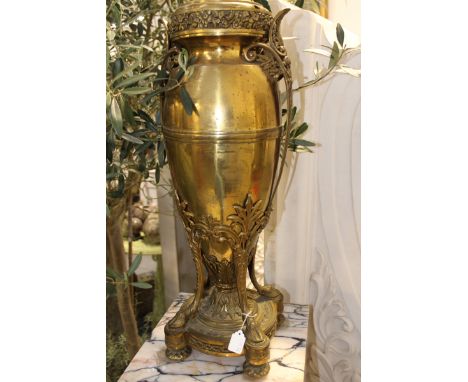 A FRENCH ORMOLU AND BRASS TWIN HANDLE URN IN THE NEOCLASSICAL STYLE MOUNTED AS A LAMP