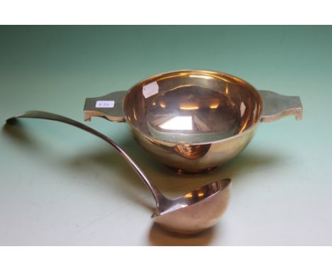 A GEORGE III SILVER SOUP LADLE EDINBURGH 1790 AND A SILVER MODEL OF A QUAICHE EDINBURGH 1935 22OZS ALL IN