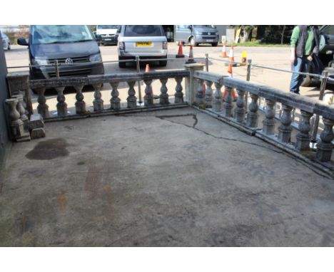 TWO PART LENGTHS OF WEATHERED COMPOSITE STONE GARDEN TERRACE BALUSTRADE. EACH WITH TWELVE UPRIGHT SUPPORTS. LENGTH OF EACH AP