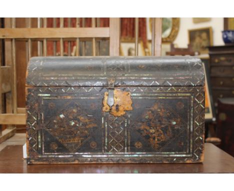 AN ANTIQUE JAPANESE DOME TOP LARGE COFFER. GILT FOLIATE DECORATION WITH MOTHER OF PEARL BANDING