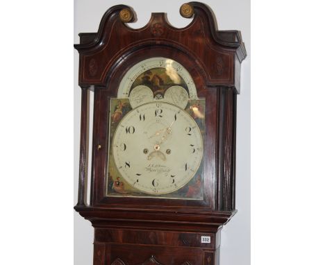 A 19TH CENTURY INLAID MAHOGANY EIGHT DAY LONGCASE CLOCK WITH PAINTED ARCH DIAL SIGNED LATHAM, MACCLESFIELD