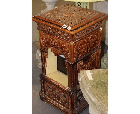 AN UNUSUAL VINTAGE MAPLE AND CO GLAZED STONEWARE CONSERVATORY HEATER, PIERCED AND RAISED SCROLLWORK DECORATION, 72CM HIGH