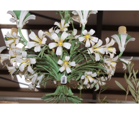 A PAIR OF PAINTED TOLE FRENCH STYLE SIX LIGHT LILY DECORATED CHADELIERS