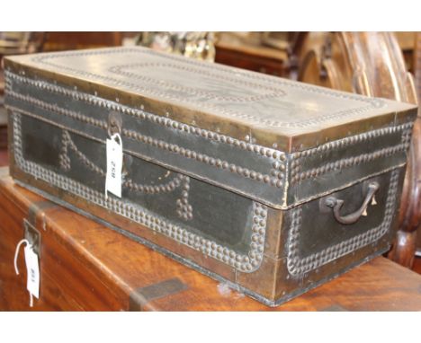 AN UNUSUAL CHINESE EXPORT CAMPHORWOOD LEATHER AND BRASS BOUND CARRIAGE TRUNK WITH MAKERS LABEL
