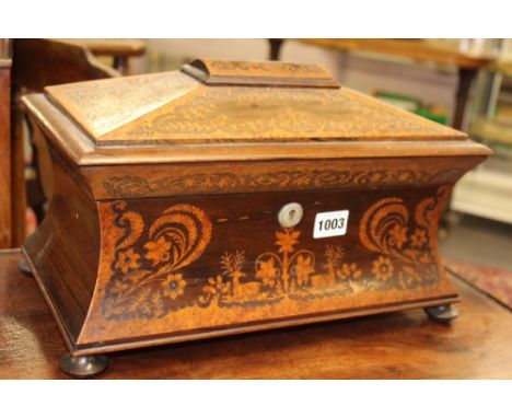 A FINE REGENCY ROSEWOOD AND BOXWOOD MARQUETRY TEA CADDY 20 X 36 X 21 CM