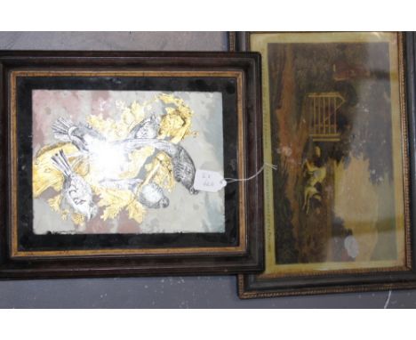 A PAIR OF LATE 18TH CENTURY GLASS PRINTS OF HUNTING SCENES IN ORIGINAL EBONIZED FRAMES AND ANOTHER OF BIRDS