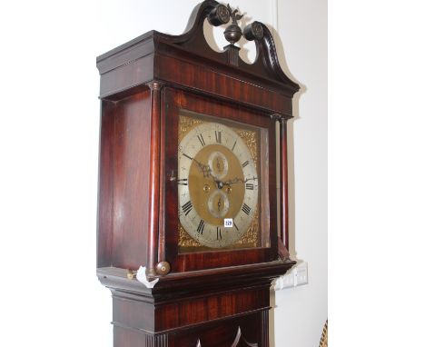 A 19TH CENTURY MAHOGANY CASED LONGCASE CLOCK WITH EIGHT DAY MOVEMENT, BRASS DIAL AND SILVERED CHAPTER RING SIGNED W SHAKESHAF