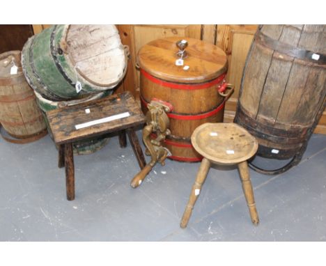 A COVERED BARREL FORM VINTAGE CHURN AND AN ANITE LOW STOOL AND AN UNUSUAL CANDLE STAND