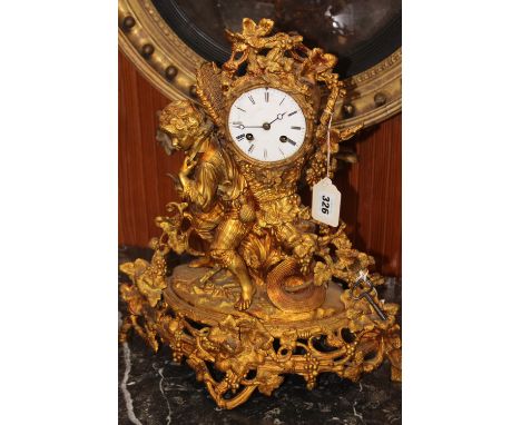 A GOOD 19TH CENTURY GILT ORMOLU FIGURAL FORM MANTLE CLOCK WITH TWO TRAIN STRIKING MOVEMENT