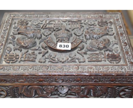 A CHINESE EXPORT CARVED HARDWOOD BOX DECORATED WITH WRITHING DRAGONS AND A CREST FOR THE 28TH LIGHT CAVALRY.
