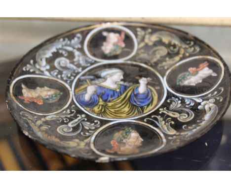 AN EARLY LIMOGES ENAMEL SAUCER DISH DECORATED WITH BUSTS OF ROMAN EMPERORS.