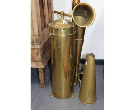 A VINTAGE BRASS CYLINDER PUMP ACTION FOG HORN AND A TRUMPET FORM LOUD HAILER.