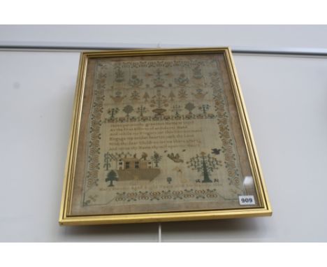AN EARLY 19TH CENTURY CHILD'S SAMPLER BY MARY STANLEY 1824. VARIOUS TREES AND PLANTS ABOVE VERSE. ALL ABOVE A LANDSCAPE SCENE