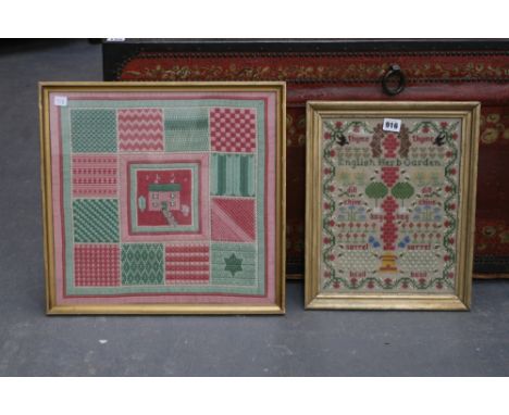 AN ENGLISH NEEDLE WORK SAMPLER OF A HERB GARDEN AND ANOTHER OF A COTTAGE