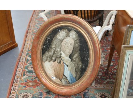 AN EARLY ANTIQUE SILKWORK OVAL PORTRAIT OF A ROYAL GENTLEMAN. 54 X 45CM