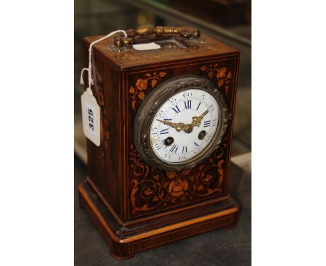 A VICTORIAN ROSEWOOD AND MARQUETRY INLAID MANTLE OR DESK CLOCK WITH ENAMEL DIAL, TWO TRAIN BELL STRIKE MOVEMENT