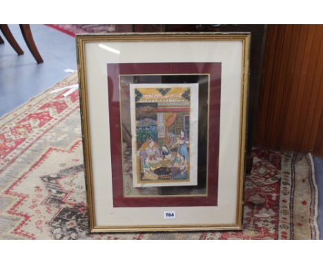 AN INDO PERSIAN MANUSCRIPT LEAF WITH MINIATURE OF COURTLY FIGURES ON A TERRACE