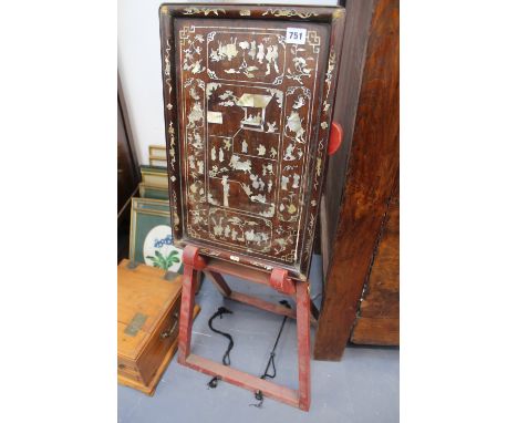 A CHINESE MOTHER OF PEARL INLAID RECTANGULAR TRAY. 49CM X 31CM ON STAND AND A DRESSING CASE