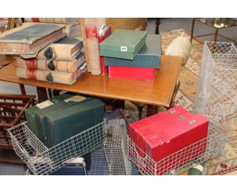 A COLLECTION OF VINTAGE LEDGERS, WIRE STATIONERY RACKS,ETC
