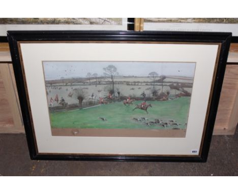 CECIL ALDIN. THE WARWICKSHIRE HUNT. PENCIL SIGNED AND WITH HAND DRAWN VIGNETTE. (A/F).