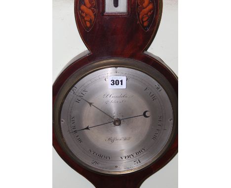 A REGENCY MAHOGANY AND INLAID TWO GLASS BAROMETER SIGNED GANDOLA