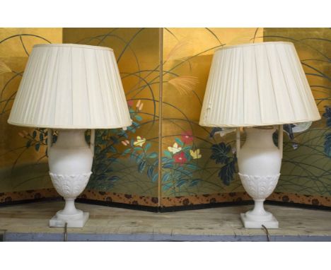 VINTAGE ALABASTER URN SHAPED LAMPS, a pair.