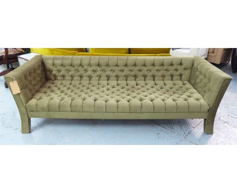 SOFA, three seater, contemporary, upholstered in the whole in deep buttoned olive green chenille, 222cm x 67cm H x 84cm.