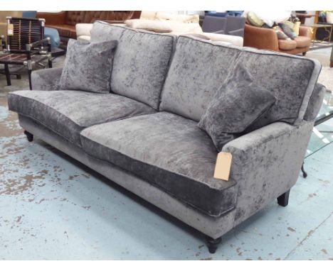 SOFA, with grey upholstery on short ebonised turned front supports, 208cm L x 75cm H.