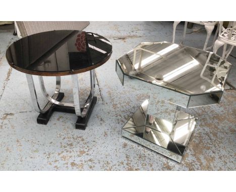ART DECO LAMP TABLE, U shaped chrome base with a black circular glass top raised on ebonised feet, 60cm x 60cm x 51cm, togeth