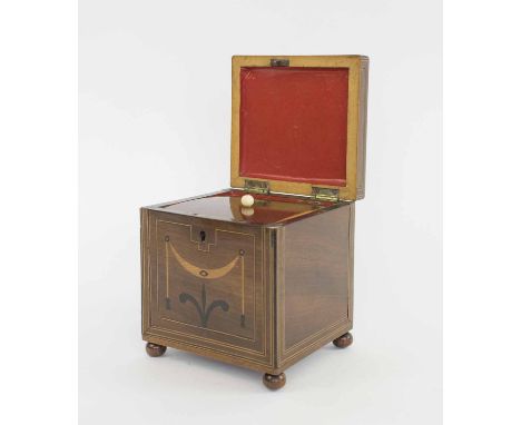 AN ANTIQUE GEORGE III TEA CADDY, of square shape inlaid to the top and front.