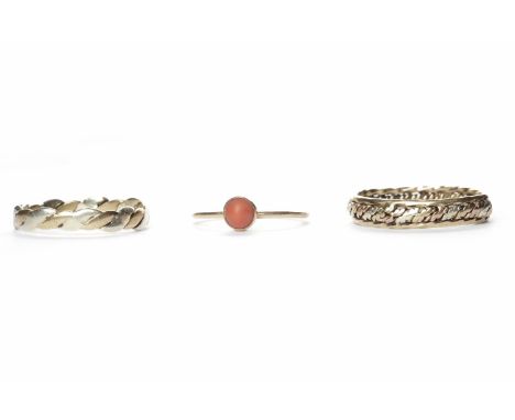 TWO NINE CARAT GOLD BI COLOURED BANDSsize P-Q and size R, 4.5g gross; along with a coral set ring, unmarked, size K (3)