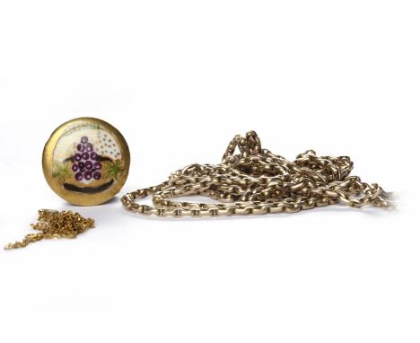 EARLY TWENTIETH CENTURY GOLD PLATED WATCH CHAINalong with a painted porcelain button and another unmarked chain (3)