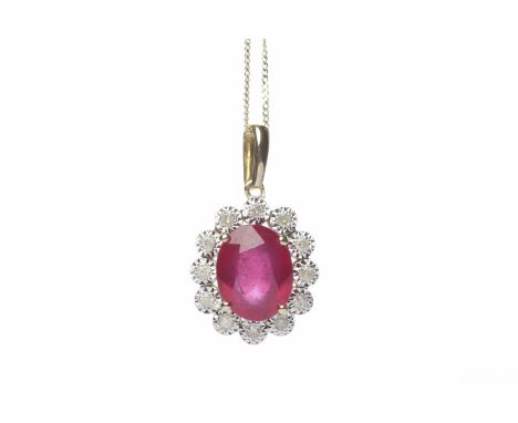 RUBY AND DIAMOND CLUSTER PENDANTthe oval ruby approximately 1.40 carats surrounded by round brilliant cut illusion set diamon