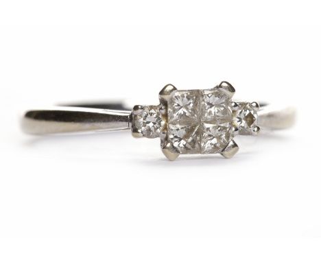 DIAMOND DRESS RINGthe square bezel with four princess cut stones, on diamond shoulders, in eighteen carat white gold, size K,