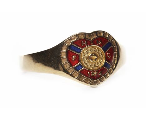 HEART OF MIDLOTHIAN NINE CARAT GOLD ENAMELLED RINGwith the club crest in red and blue enamel, size Q, 3.4g