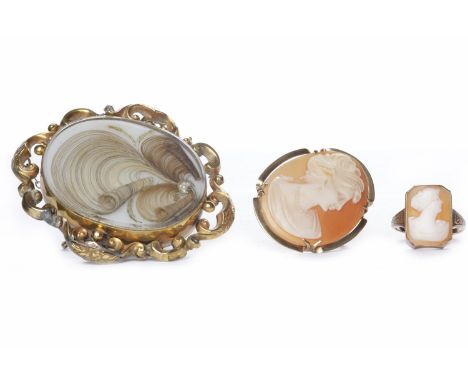 VICTORIAN HAIRWORK BROOCHmounted in metal, 55mm long; along with a mid twentieth century cameo brooch, unmarked and a nine ca