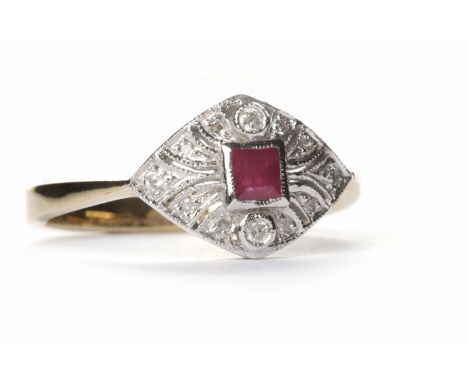 ART DECO STYLE DIAMOND AND RUBY RINGthe princess cut ruby of approximately 0.18 carats surrounded by round brilliant cut diam