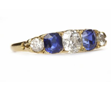 VICTORIAN SAPPHIRE AND DIAMOND FIVE STONE RINGthe central cushion cut diamond of approximately 0.46 carats flanked by two sap