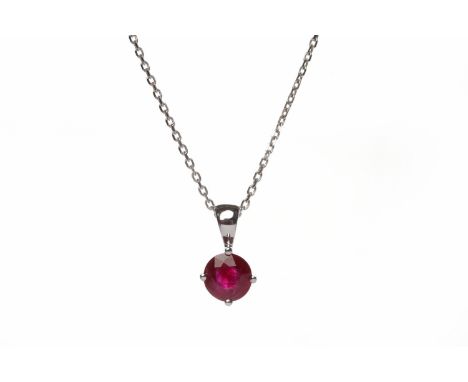 RUBY SINGLE STONE PENDANTthe round brilliant cut ruby of approximately 0.85 carats, on an eighteen carat white gold chain 46c