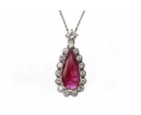 RUBY AND DIAMOND PENDANT ON CHAINthe pendant with central pear shaped ruby of approximately 2.14 carats surrounded by round b