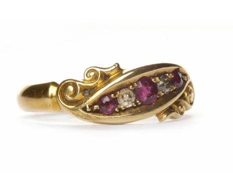 VICTORIAN RUBY AND DIAMOND RINGwith three round rubies alternating with two round diamonds, in eighteen carat gold, full Birm