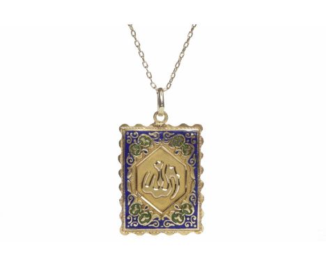 HIGH CARAT GOLD PENDANTof rectangular form and with enamel decoration, 32mm high, on a chain, 9.2g gross