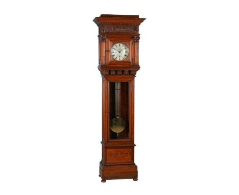 AN UNUSUAL CARVED AND INLAID WALNUT LONGCASE REGULATOR OF ONE-MONTH DURATIONHUXTABLE, NEWTON ABBOT, WITH MOVEMENT BY LENZKIRC