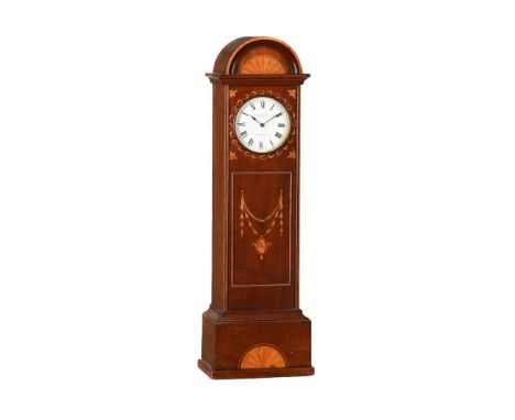 A LATE VICTORIAN INLAID MAHOGANY MINIATURE LONGCASE TIMEPIECERETAILED BY MACMICHAEL, LONDON, CIRCA 1900The French eight-day s