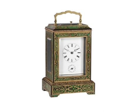 Y A FINE SWISS GREEN BOULLE GRANDE SONNERIE STRIKING AND REPEATING ALARM CARRIAGE CLOCKUNSIGNED, PROBABLY GENEVA, CIRCA 1840T