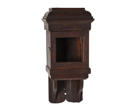 A GEORGE II/III MINIATURE OAK HOODED WALL CLOCK CASEANONYMOUS, MID TO LATE 18th CENTURYThe hood with domed caddy superstructu