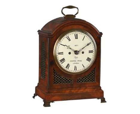 A GEORGE III BRASS MOUNTED MAHOGANY BRACKET CLOCK THE DIAL BEARING INSCRIPTION FOR RIGBY, LONDON, CIRCA 1800The five pillar t