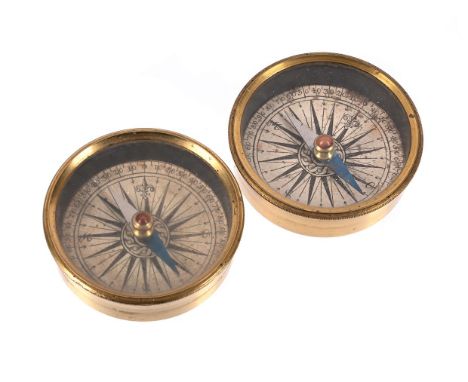 A PAIR OF FRENCH LACQUERED BRASS COMPASS DIALSUNSIGNED, EARLY 19th CENTURYEach with printed paper scale incorporating sixteen